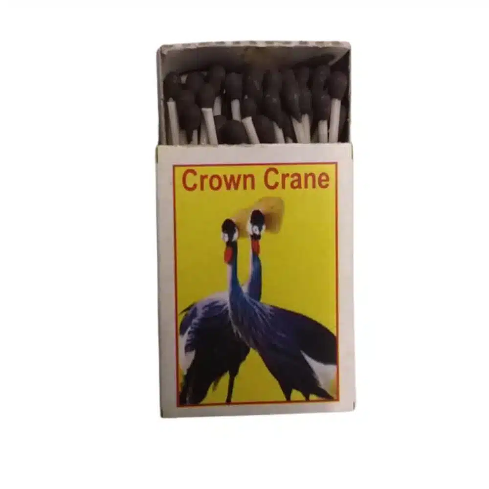 Matches-1.jpg Box of Crown Crane matches; yellow label shows two blue cranes with red necks, matches visible at top